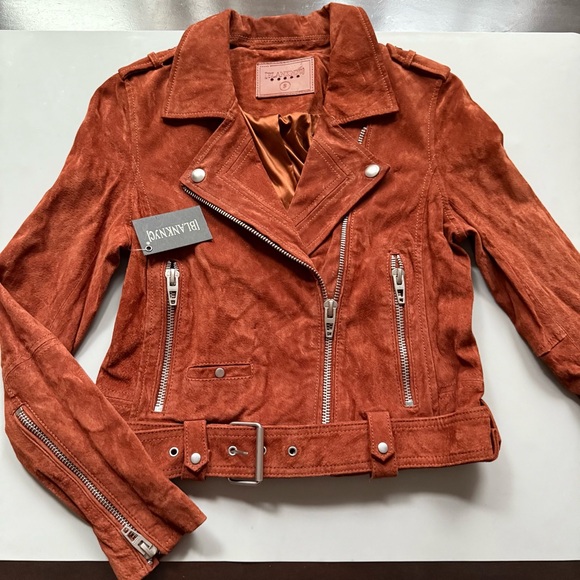BlankNYC Real Suede Moto Biker Jacket Womens Rust Brown Cropped Belted Small - Picture 3 of 8